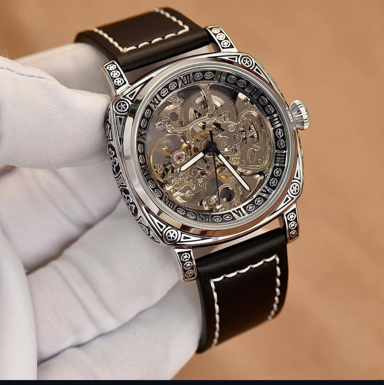 Royal Skeleton Automatic Watch – Hand-Engraved Luxury Design